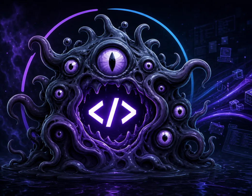 The CodeMonster shoggoth in its element: a friendly many-eyed monster with a glowing code glyph in its mouth, rising from a reflective pool, wrapped in violet mist, with electric streams and holographic panels behind it