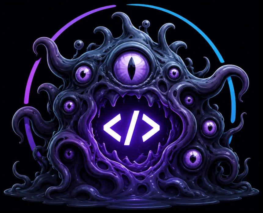 The CodeMonster shoggoth — a friendly many-eyed purple monster with a glowing code glyph in its mouth