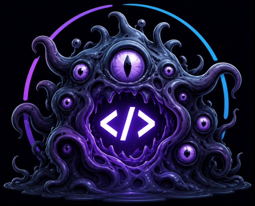 The full CodeMonster illustration: a friendly many-eyed purple monster with a glowing code glyph in its mouth, under a purple-to-cyan arc